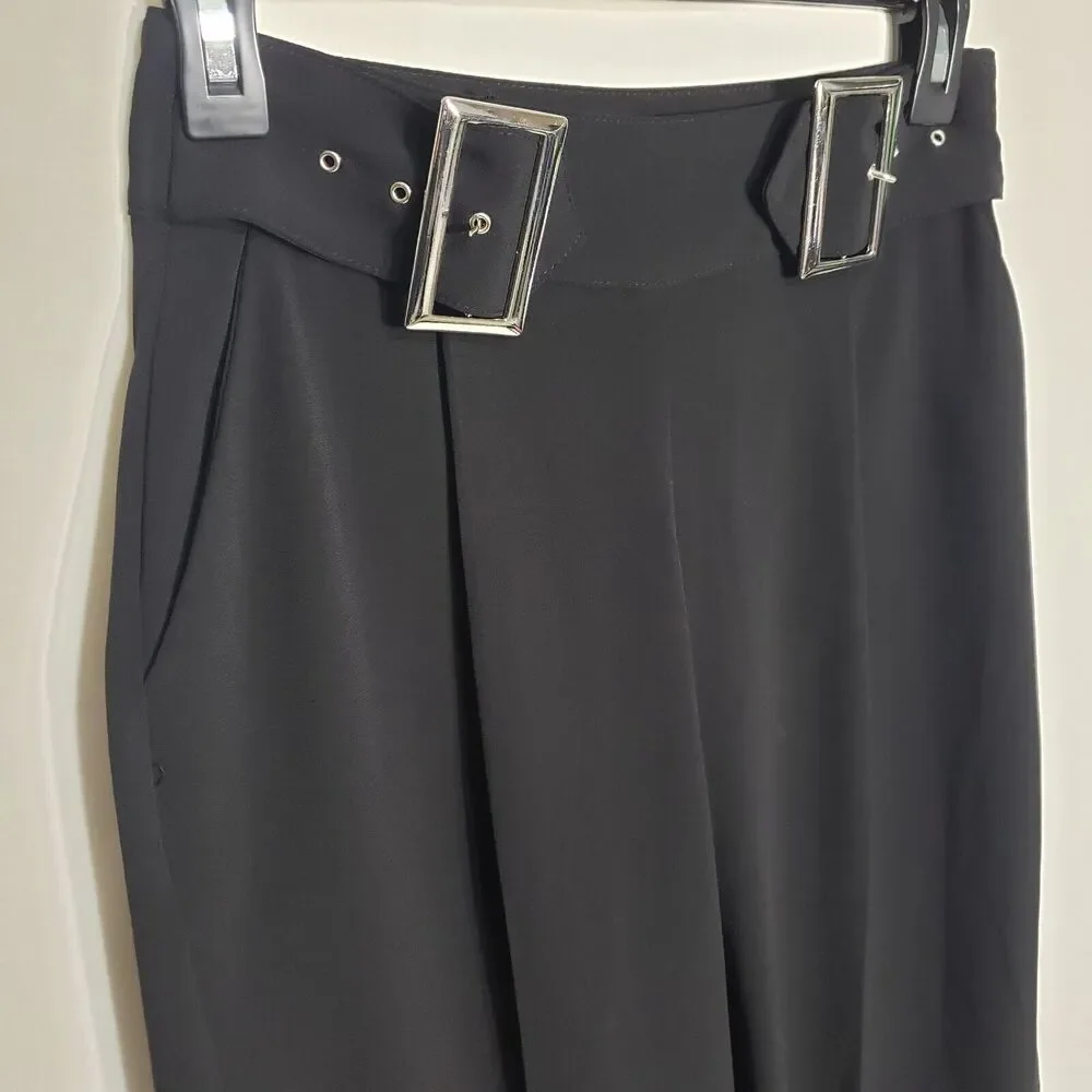 Jennifer Lopez Womens Pants Size 2 Black Cropped Dress Buckles Wide Leg Pockets